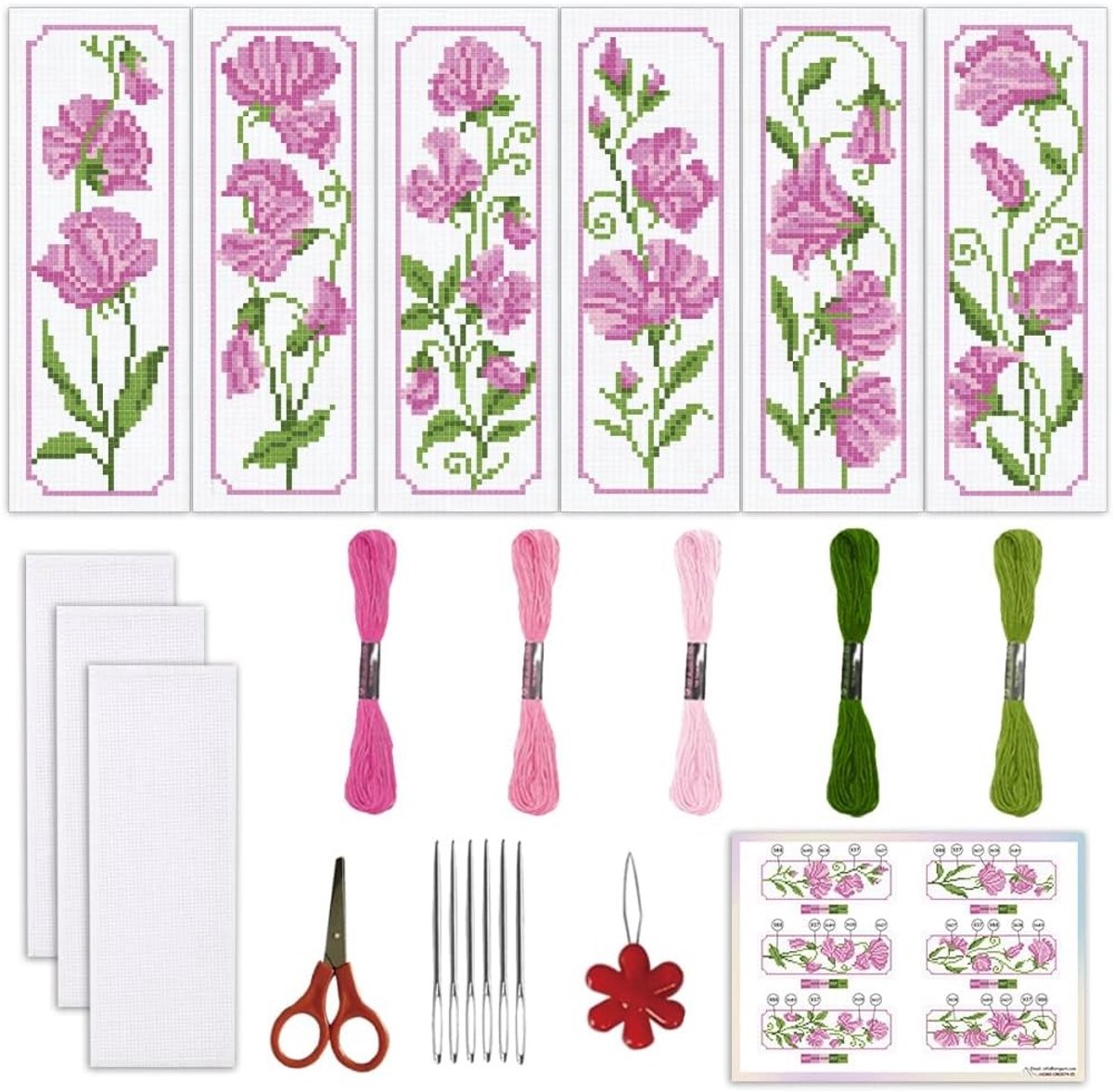 6-delige Pea Flower Borduur Bookmark Kit voor Beginners met Vilt, Draad en Instructies - DIY Geprinte Borduurset voor Volwassenen en Boekenliefhebbers