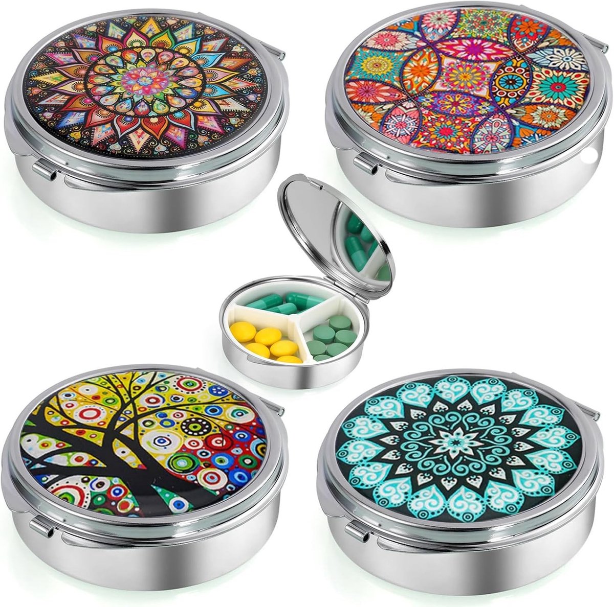 Decoratieve Ronde Pillendoos met Spiegel - 4 Stuks, Ideaal voor Vitaminen, Medicijnen en Organisatie voor Thuis en Reizen