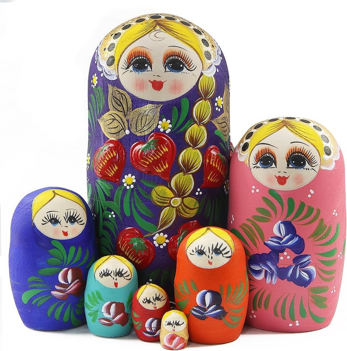 Set van 7 Kleurrijke Russische Houten Poppen met Lange Vlechten, Traditionele Matryoshka Poppen, Stapel Speelgoed voor Verjaardagscadeau, Kerst en Feestdecoratie