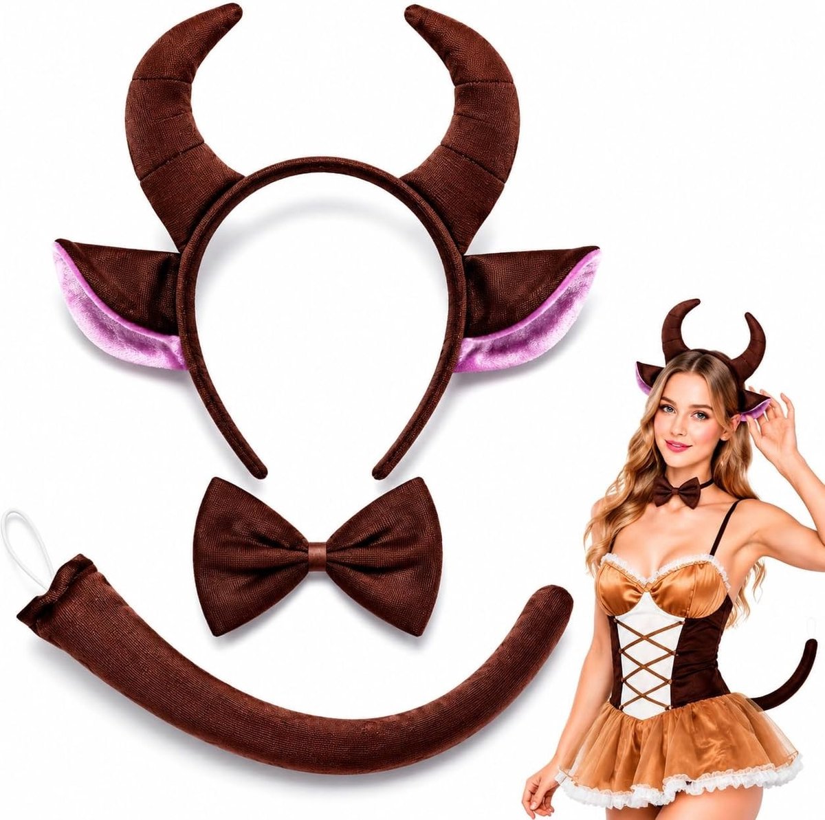 Complete Stier Kostuum Accessoire Set met Hoorn Hoofdband, Strik en Staart voor Halloween, Cosplay en Feestjes