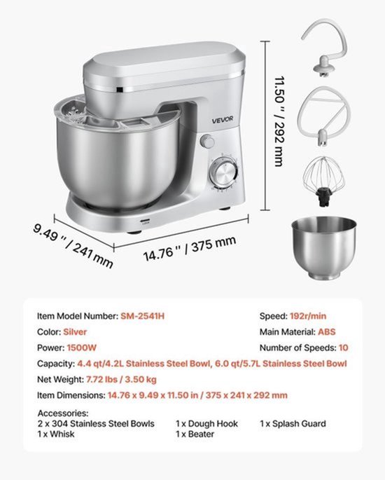 Keukenmachine Staande Mixer - 1500 W Vermogen - 4,2 + 5,7 L Inhoud - ABS Materiaal - Zilver Kleur - Voor Deeg En Slagroom — afbeelding 4