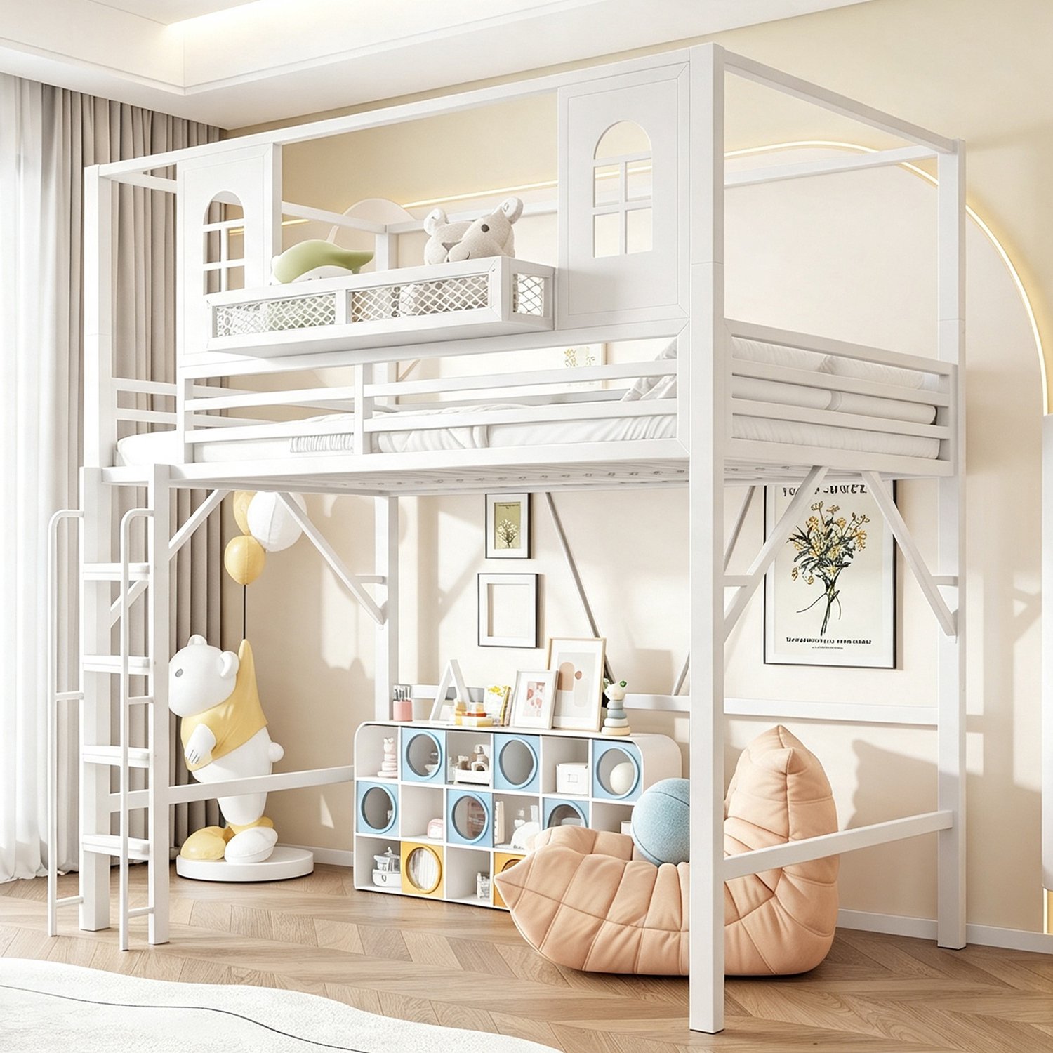 OOIILLEE Kinderhoogslaper 90 x 200 cm met dakontwerp, metalen stapelbed met veiligheidsladder, speelruimte met raam, opbergvak, multifunctionele hoogslaper voor kinder- en jeugdkamer Wit