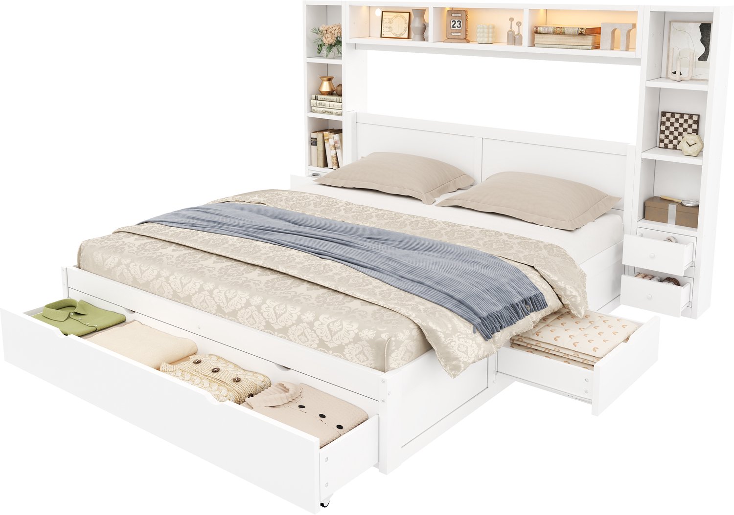 Merax Bed 140x200 cm - met hoofdbord en voetbord - 7 lades - meerdere opbergvakken - LED - wit