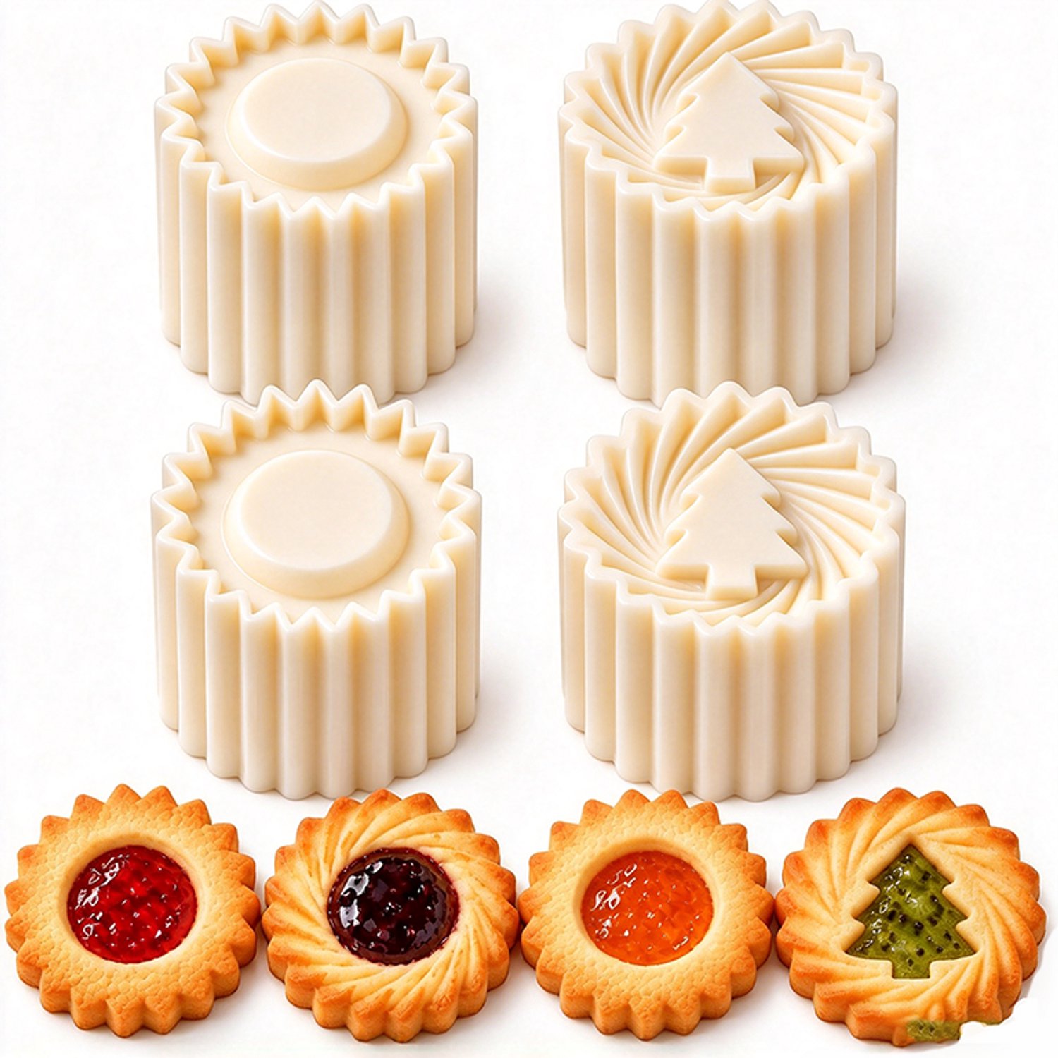 4-delige set - Koekjesvormen - Dubbelzijdige bakvormen - Bakvormen - Gebakvormen - Doe-het-zelf bakgereedschap - Kleine bakvormen - Zonnebloem- en kerstboommotieven - Gemakkelijk te ontvormen - Geschikt voor maancakes, koekjes en cupcakes - Wit