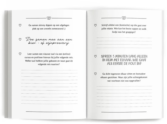 Pagina's met koppeluitdagingen zoals rijmen, talen leren of wijnproeverijen, met lijntjes om antwoorden in te vullen.