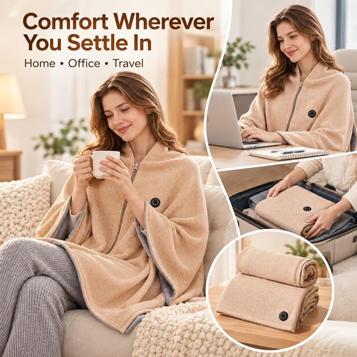 Elektrische deken - 150x80cm - Elektrische Cape met Rits - 3 Standen - Oplaadbare elektrische deken - electrische deken 1 persoons - Warmtedeken - Verwarmde deken - Draagbare verwarmde omslagdoek - USB (Excl. Powerbank) - voor buiten, thuis -TENGYIF® – foto 4