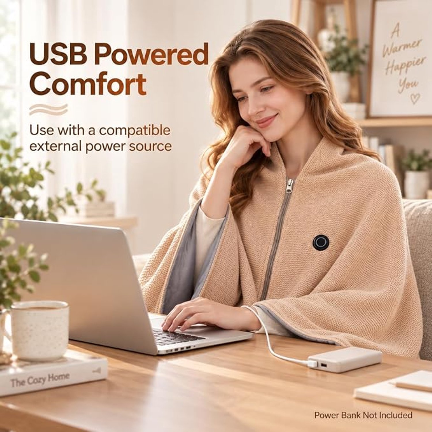 Elektrische deken - 150x80cm - Elektrische Cape met Rits - 3 Standen - Oplaadbare elektrische deken - electrische deken 1 persoons - Warmtedeken - Verwarmde deken - Draagbare verwarmde omslagdoek - USB (Excl. Powerbank) - voor buiten, thuis -TENGYIF® – foto 6