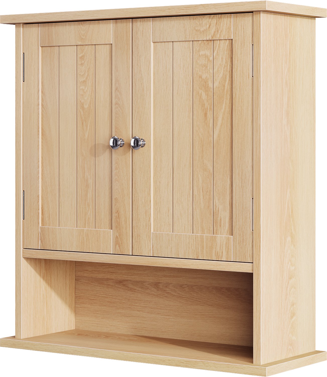 Wandgemonteerde Badkamerkast - 50 x 20 x 60 cm - Met 2 Deuren En Open Opbergvak - Bruine Eikenlook In MDF - Voor Badkamer En Wasruimte
