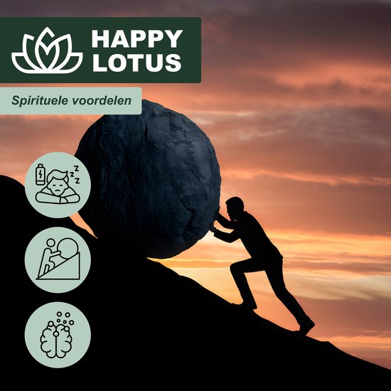 Silhouet duwt rotsheuvel op bij zonsondergang, Happy Lotus-logo en iconen voor spirituele voordelen.