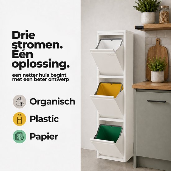Witte stalen prullenbak met drie gekleurde binnenemmers voor organisch, plastic en papierafval in een keuken.