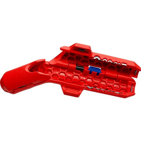 Rood Knipex Ergostrip ontmantelingsgereedschap in geopende positie met honingraatstructuur aan de binnenzijde.