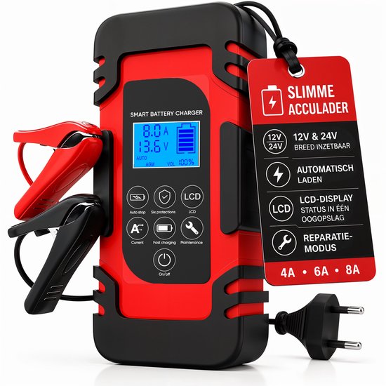Strex Acculader - 12/24V 4/6/8A - Reparatiemodus - Druppellader - Accu Lader voor Auto / Motor / Scooter / Boot / Camper