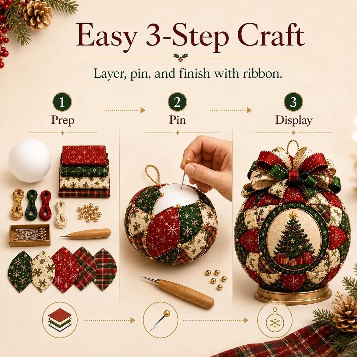 Doe-het-zelfpakket Geschikt Voor stoffen kerstversiering - Kerstornament van stof - Doe-het-zelf kerstknutsels - DIY Patchwork Set - Kerstkrans -DIY Kerstbal Knutselset - 17cm - Handgemaakte kerst patchwork bal - kerstboom – foto 2