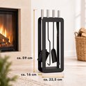 Zwarte haardset met afmetingen: 59 cm hoog, 16 cm diep en 22,5 cm breed.