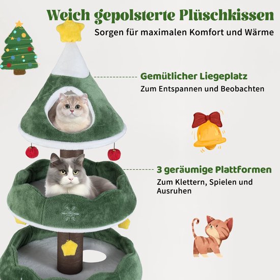 Drielaagse kerstboom-krabpaal met zachte kussens en twee rustende katten.