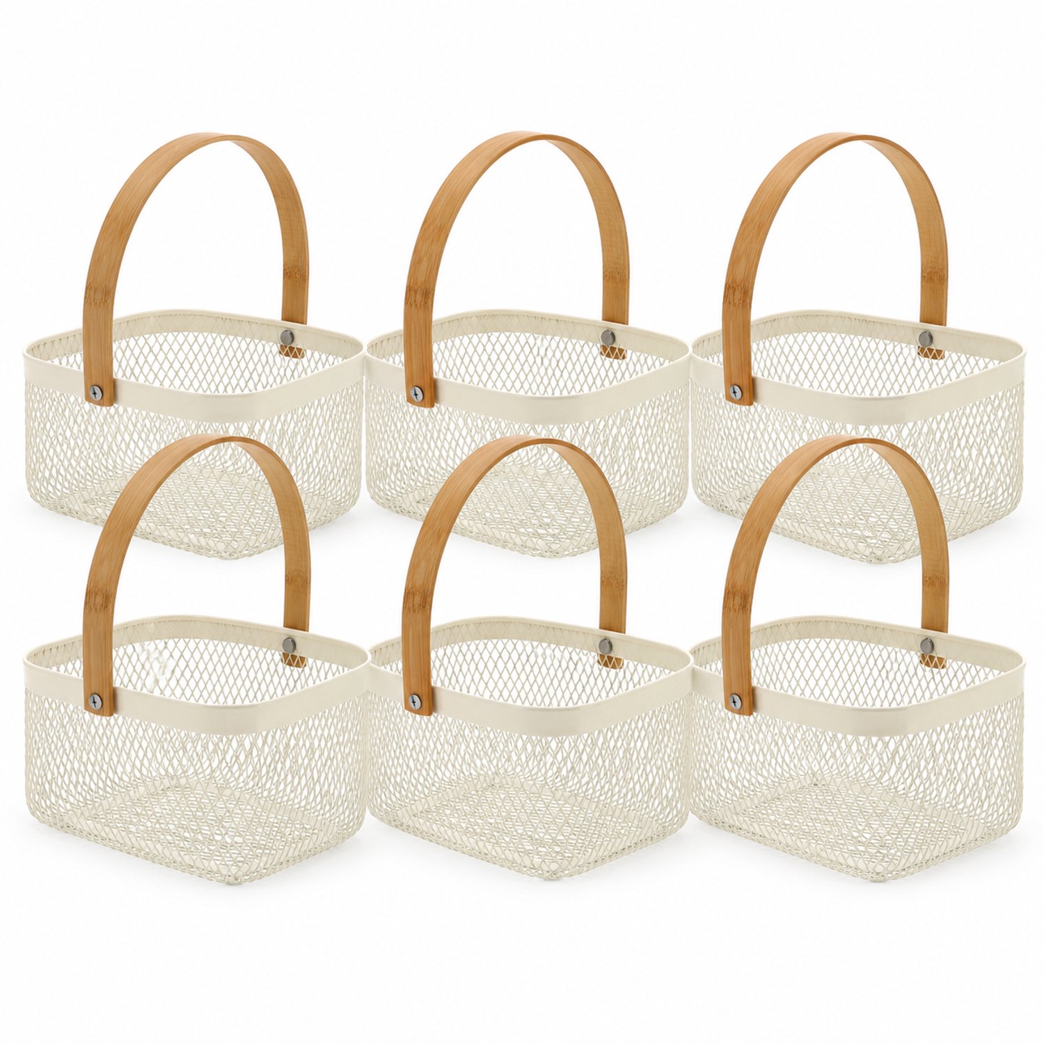 Opbergmanden Set van 6 - ca. 4L per Mand - Metalen Fruitmand met Bamboe Handvat - Cadeaumand en Organizer voor Keuken, Badkamer, Woonkamer en Kantoor