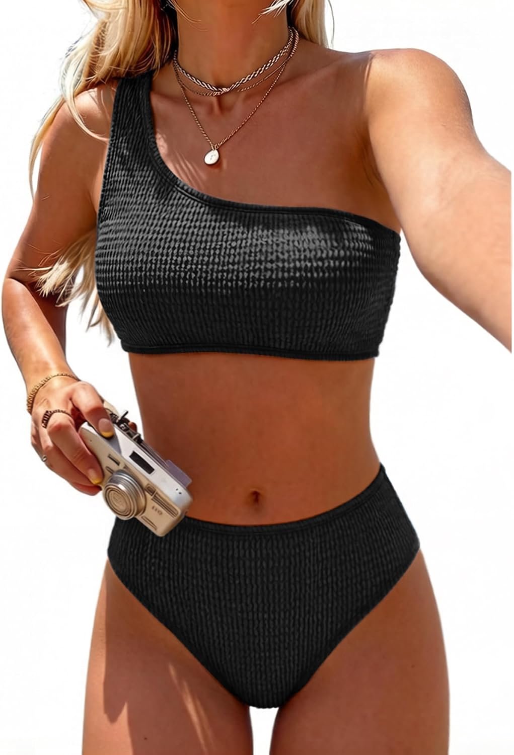 Bikiniset, hoge taille, 2-delig, bestsellers, geribd, 1 schouder, buikcontrole