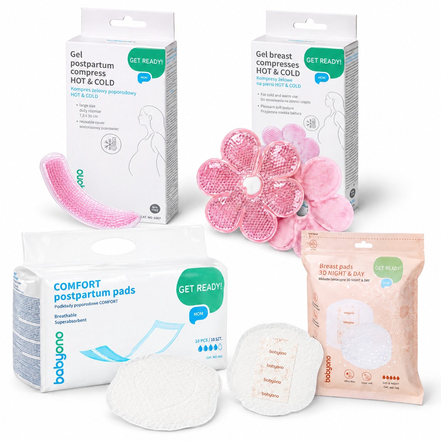 BabyOno Postpartum Herstelset 4-delig - Kraampakket - Perineum Kompres Hot & Cold, Gel Borstkompressen, Kraamverband 10 st. en Zoogcompressen 40 st.
