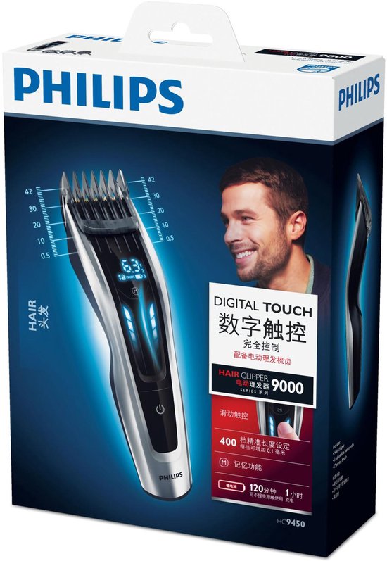Philips 9000-serie tondeuse met digitaal aanraakscherm, instelbare lengtes en mannelijk model op de verpakking.