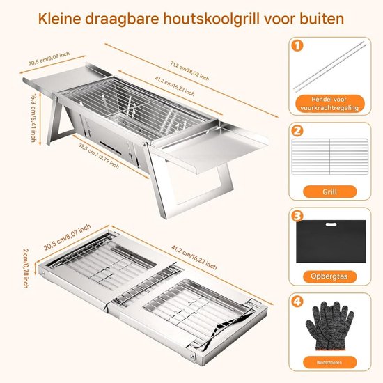 SSTRWGOOD Compacte, draagbare en inklapbare houtskoolbarbecue – Mini-tafelbarbecue – Hitte instelbaar in 4 standen – Campingbarbecue – Geschikt voor kamperen, de tuin en picknicks – Ideaal geschikt voor op reis, stranduitjes en barbecues in de tuin — afbeelding 2