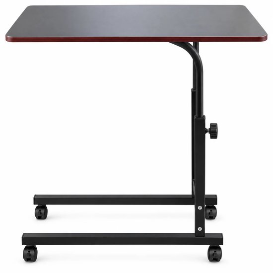 Zijaanzicht van een laptoptafel met zwart metalen frame en donkerhouten blad op vier zwenkwielen.