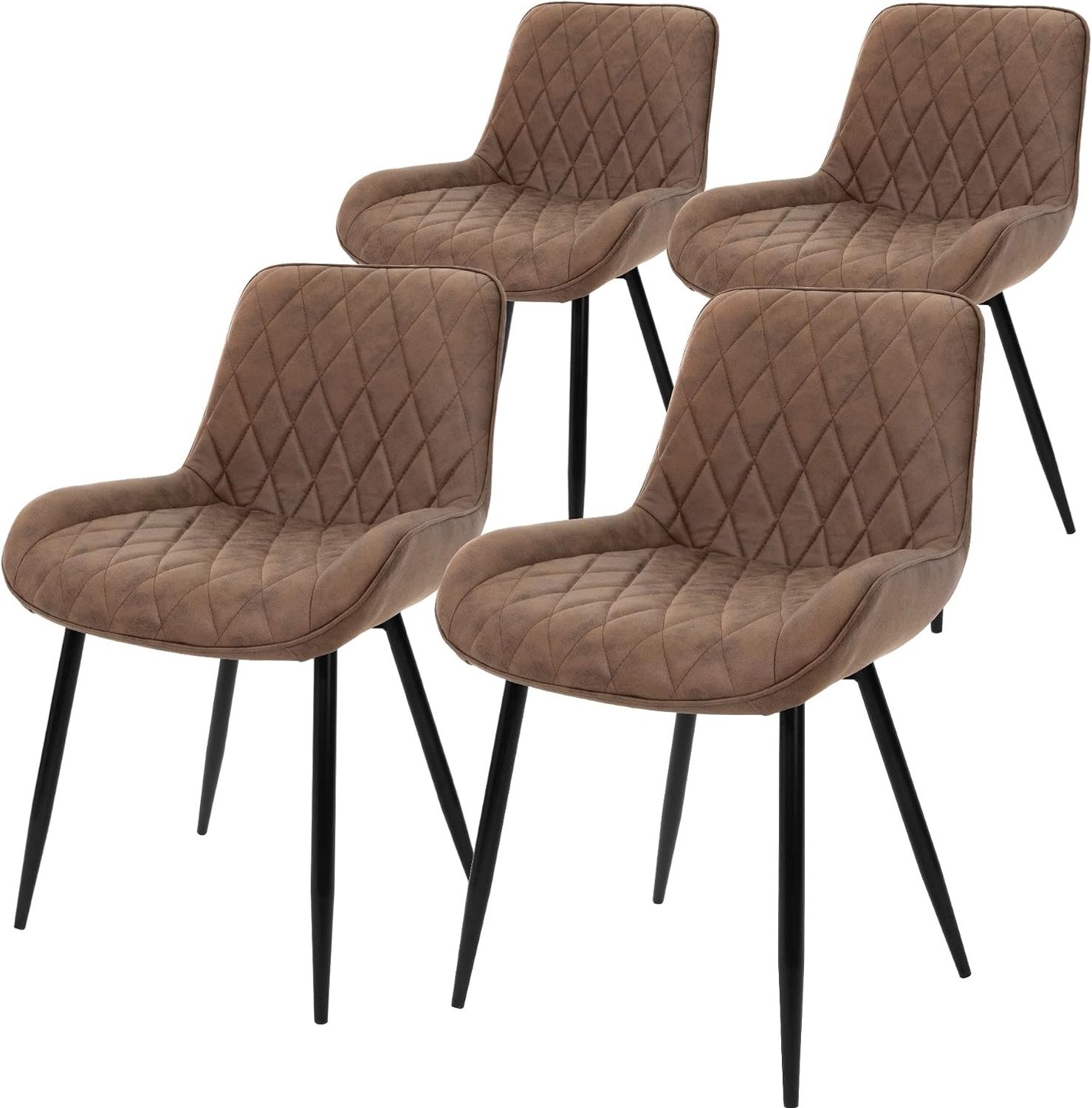 Luxe Eetkamerstoelen met Armleuningen en Ruitstiksel – Set van 4, Bruin PU Kunstleer, Zwart Metalen Onderstel, Gestoffeerde Keukenstoelen met Rugleuning, Zithoogte