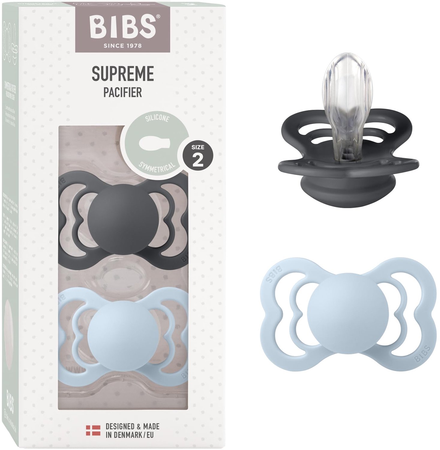 Fopspeen Supreme - 2 Stuks, BPA-vrij, Maat 2 (6-18 maanden), Iron/Baby Blue