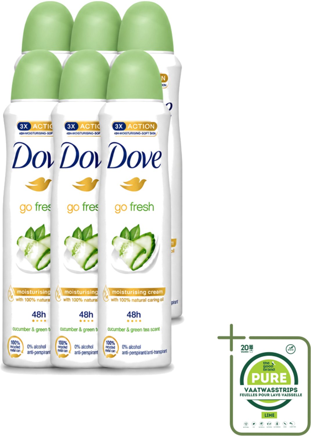 6 x Dove - Deodorant - Go Fresh Cucumber & Green Tea - Frisse en kalmerende geur - 150 ml - Grootverpakking - Vaatwasstrips - Cucumber & Green Tea Deodorant Spray - Frisheid - Zweetvermindering - Geur - Huidverzorging