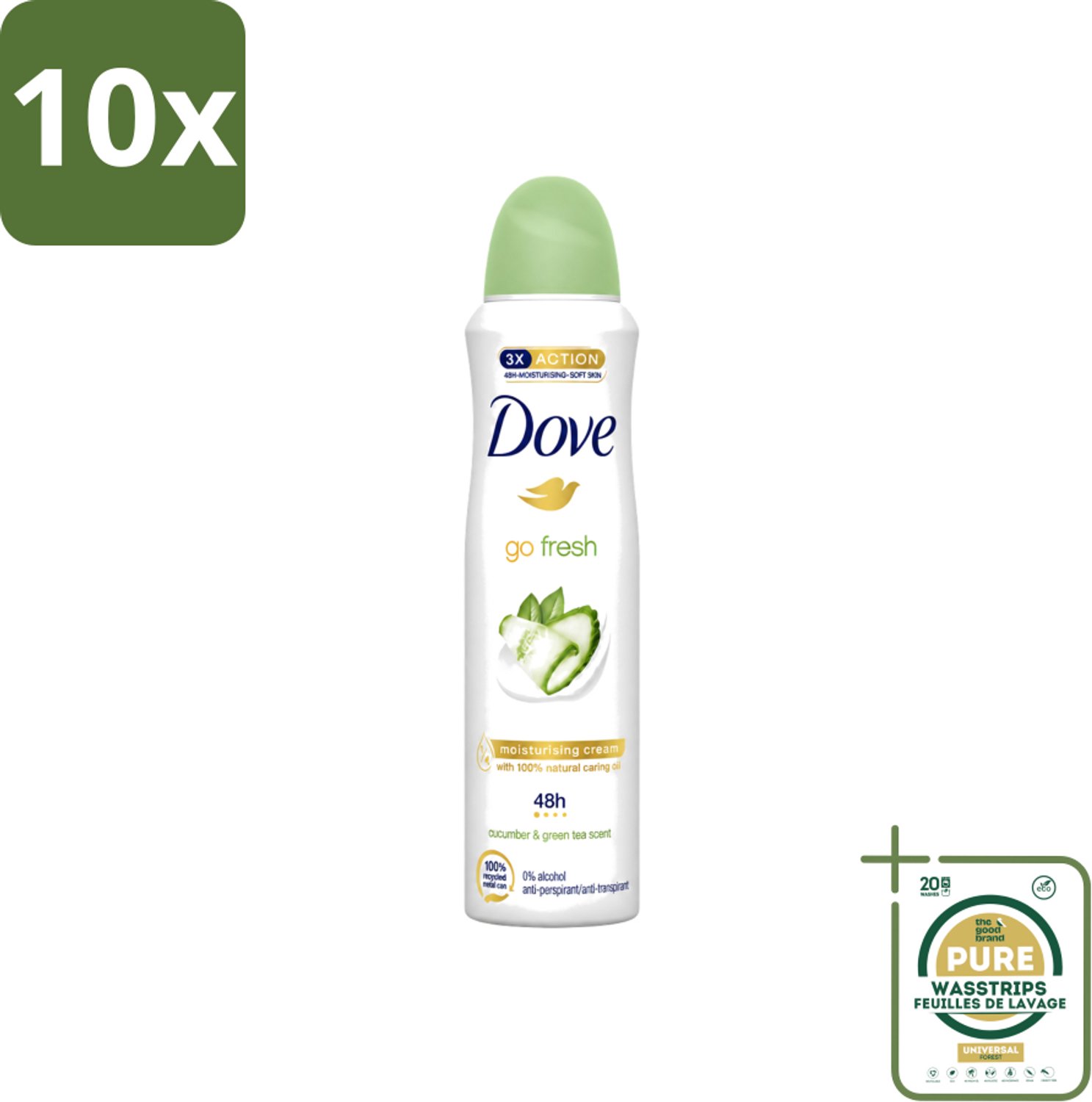 10 x Dove - Deodorant - Go Fresh Cucumber & Green Tea - Frisse en kalmerende geur - 150 ml - Wasstrips - Dove Go Fresh - Cucumber & Green Tea - Deodorant Spray - Fris - Kalmerend