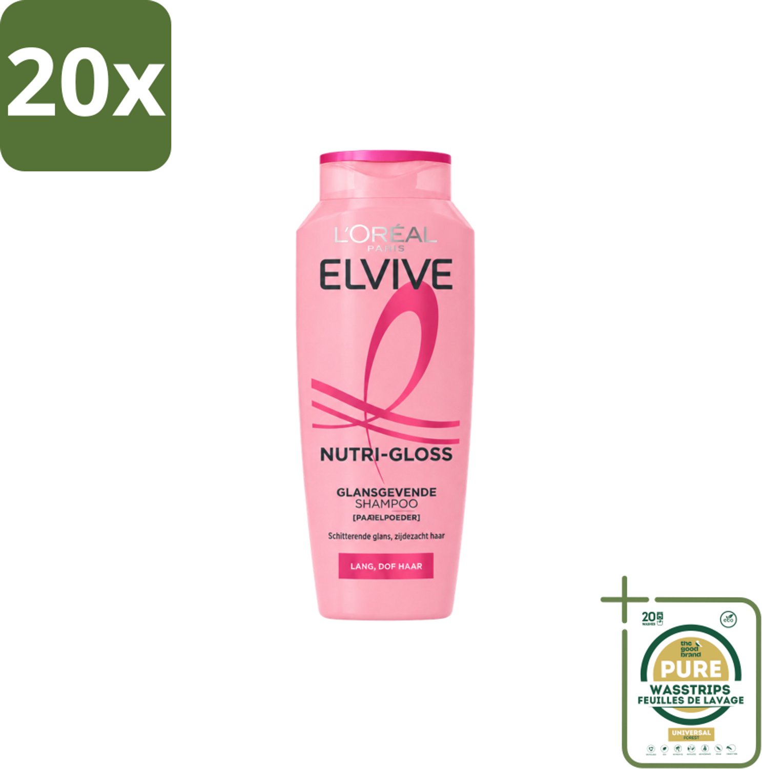 20 x L’Oréal Paris Elvive – Shampoo – Nutri Gloss – 200 ml - Wasstrips - Glans - Lang Haar - Haar Verzorging - Parelpoeder - Zijdezachte Finish