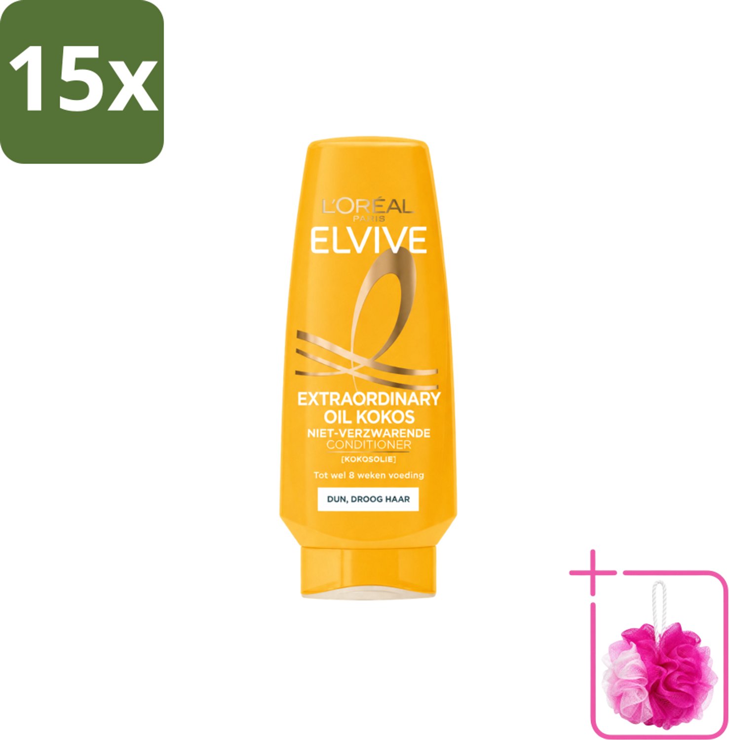 15 x L’Oréal Paris Elvive – Conditioner – Extraordinary Oil Kokos – 200 ml - Bulkverpakking - Kokosolie conditioner - Douchemop - Droog haar