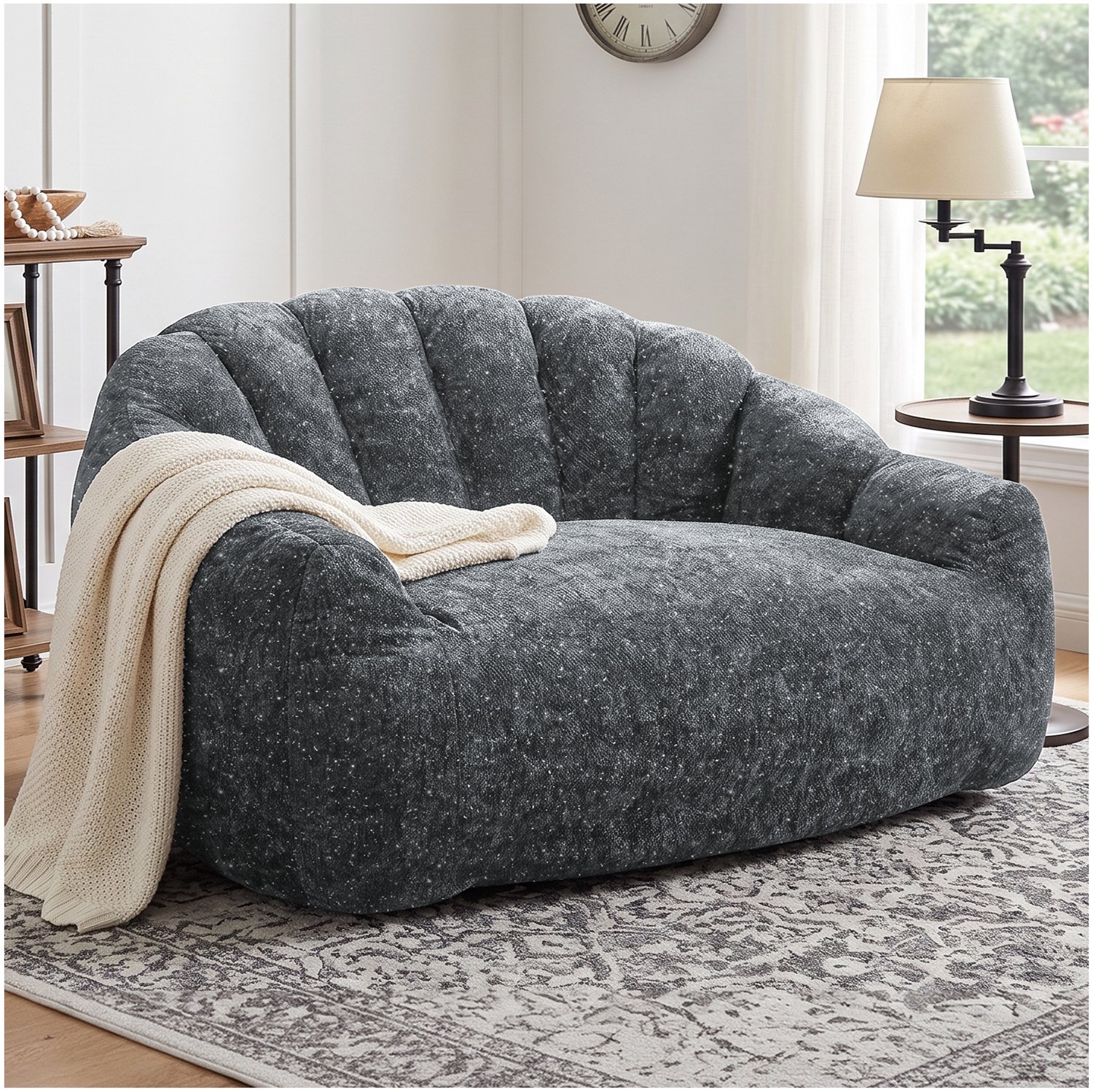 Wishdor Zitzakstoel met ruime zitting - Berenpootvorm met rugleuning en armleuningen - Vloeiende lijnen - Voor woonkamer slaapkamer en zithoek - Flanelachtige stof - Grijs - 140 x 98 x 61 cm