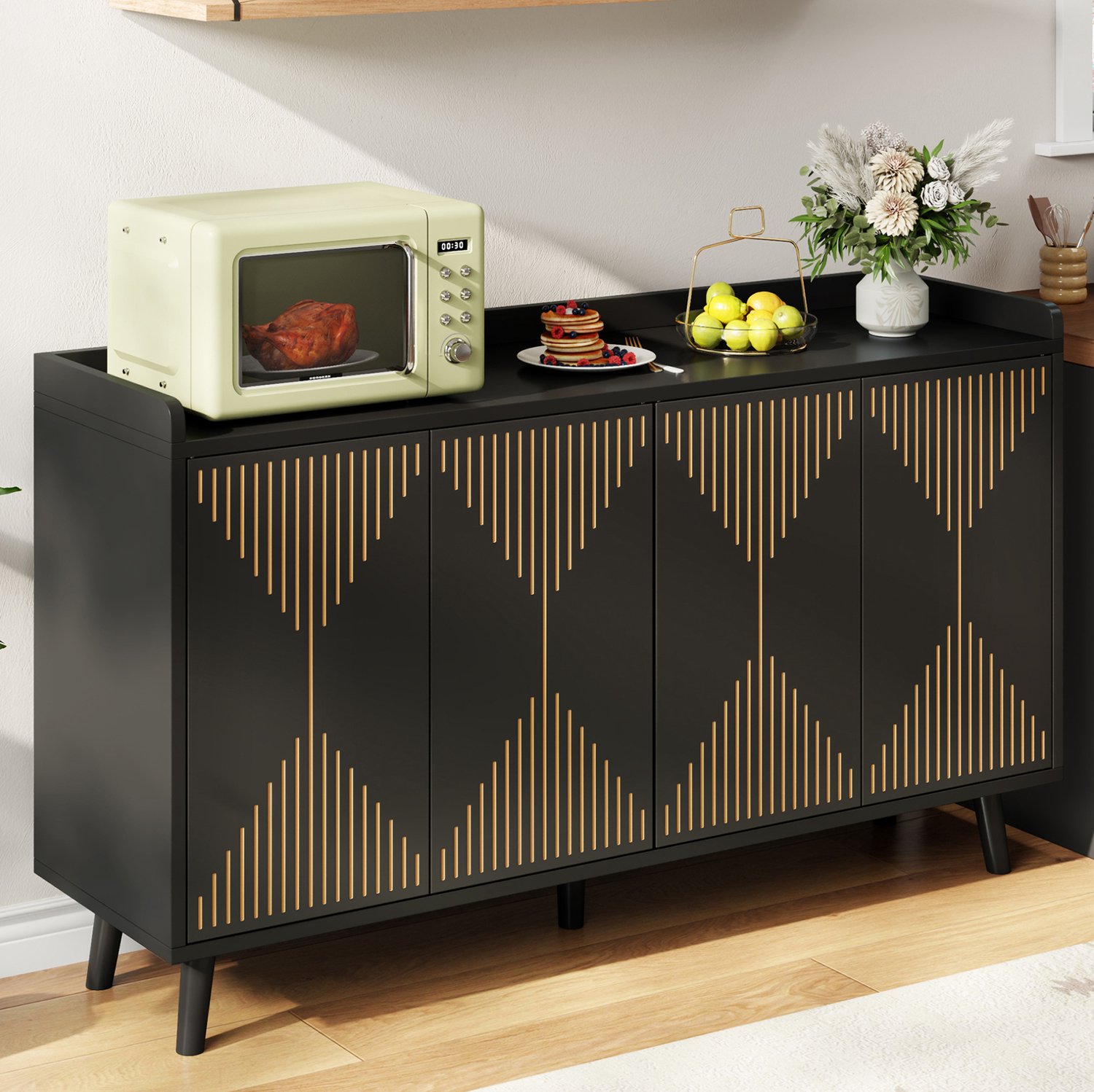 HAUSS SPOLE Dressoir - 4 Deuren en Verstelbare Planken - Opbergruimte voor Eetkamer en Woonkamer - MDF - Zwart - 140 x 40 x 84 cm