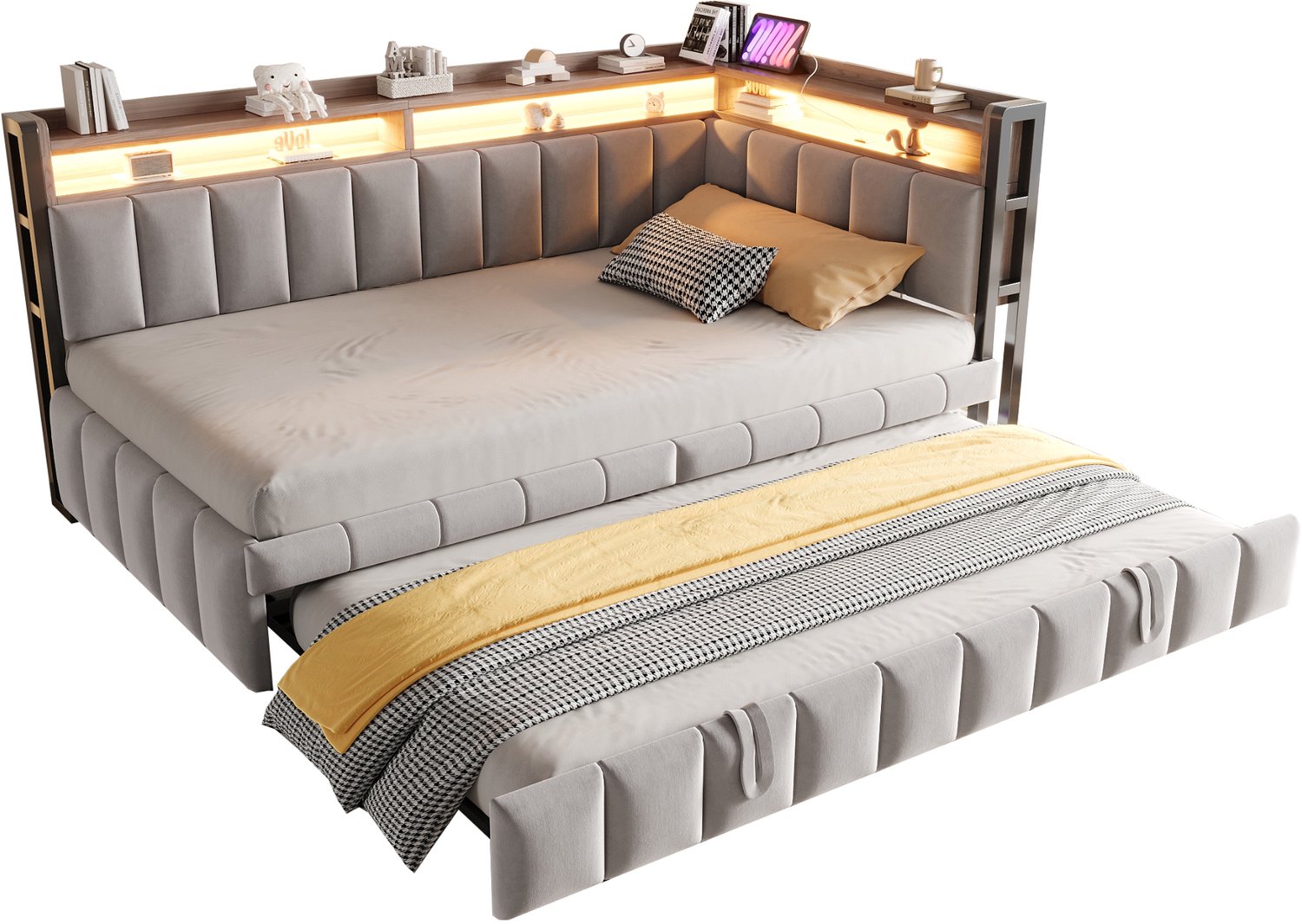 REDOM Slaapbank 90x200 cm - Met uittrekbed, opbergruimte, LED en USB-C - Lichtgrijs