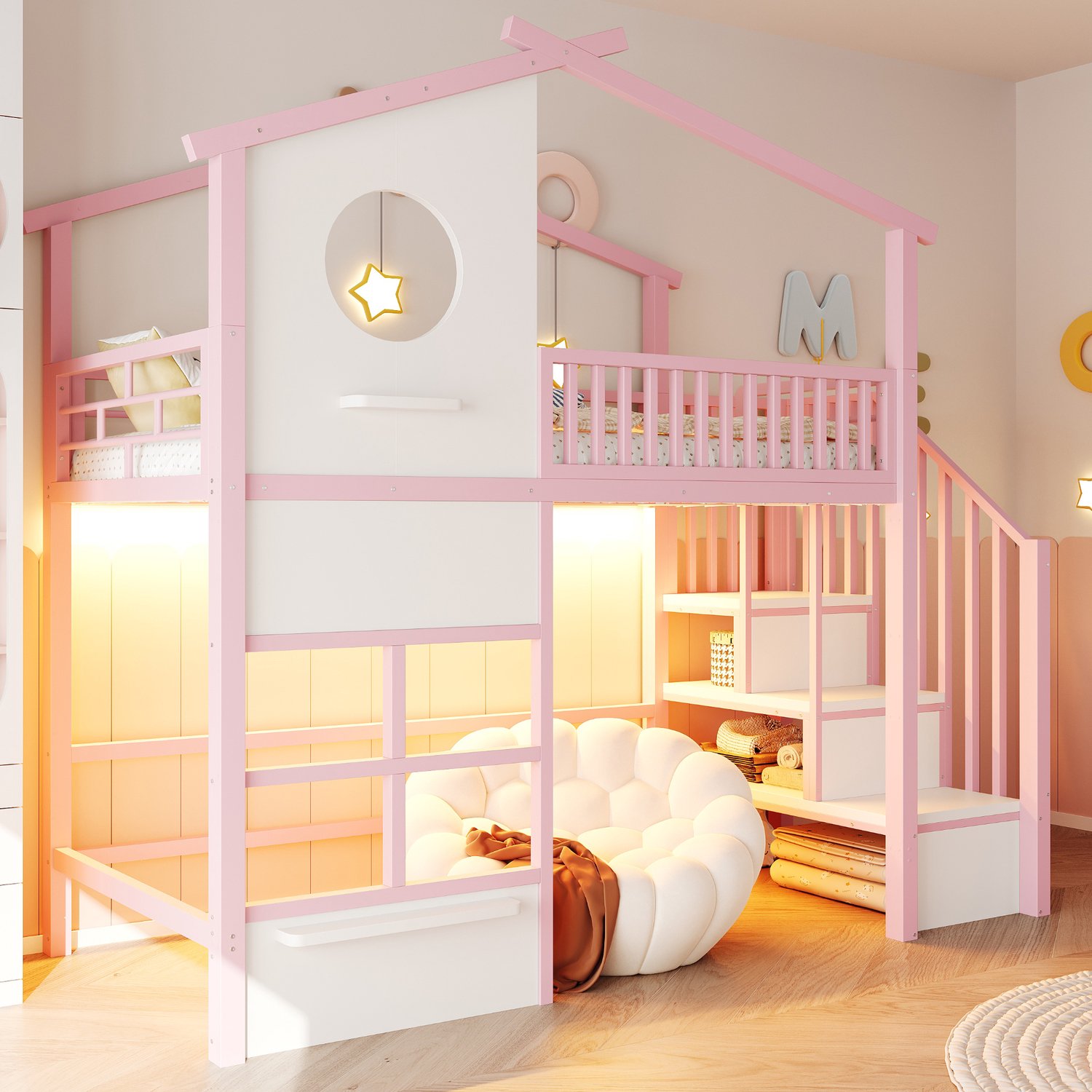 HAUSS SPOLE Hoogslaper 90x200 cm - Kinderbed in Huisvorm met Opbergtrap en Hoge Hekken - Met Ledverlichting - Zonder Matras - Metaal - Roze en Wit