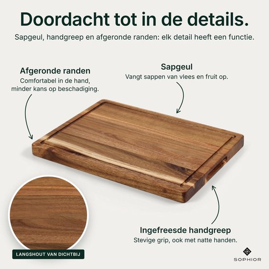 SOPHIOR Houten Snijplank Acacia - Groot 42x30x2,8 cm - Met Sapgeul en Handvaten — cadeau in Kookcadeaus - foto 4