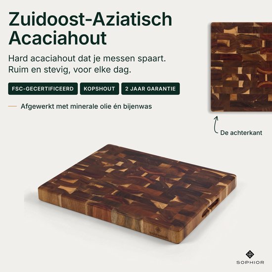 SOPHIOR Houten Snijplank Acacia Kopshout - Hakblok 45x35x4 cm - Met Handvaten — cadeau in Kookcadeaus - foto 3