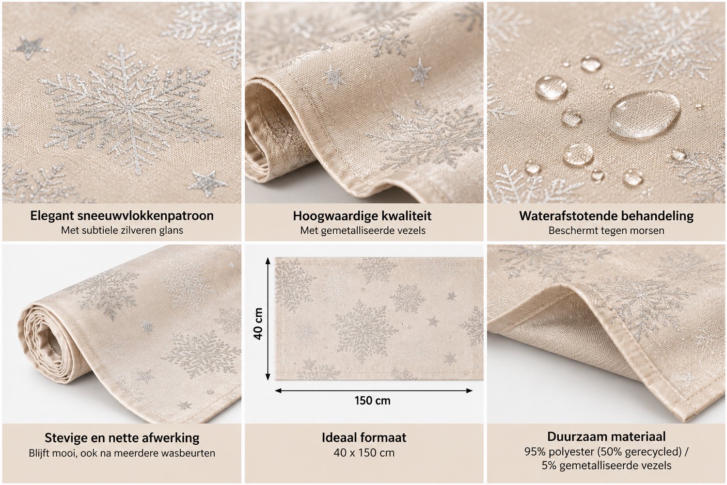 Kerst Tafelloper 40x150 cm – Beige & Zilver – Sneeuwvlokken Design – Waterafstotend – Subtiele Glans – Wasbaar op 40°C – Luxe Kerstdecoratie voor Eettafel – Winter Tafeldecoratie – foto 3