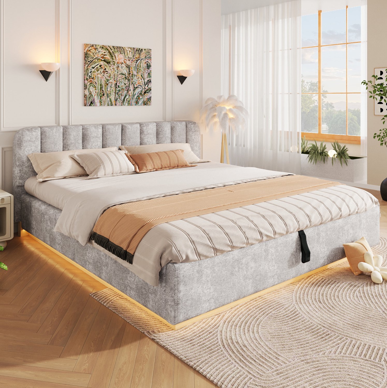 HAUSS SPOLE Gestoffeerd Bed 180x200 cm - Tweepersoonsbed met Lattenbodem en Ledverlichting - Hydraulische Opbergruimte - Zonder Matras - Chenille - Lichtgrijs