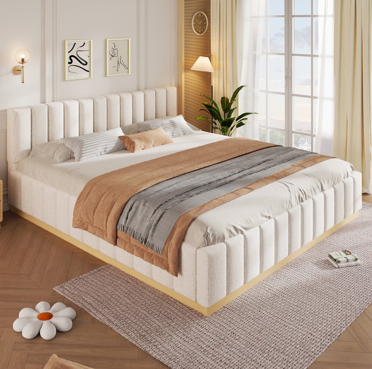 HAUSS SPOLE Gestoffeerd Bed 180x200 cm - Tweepersoonsbed met Gestoffeerd Hoofdbord - Met Lattenbodem - Zonder Matras - Chenille - Beige