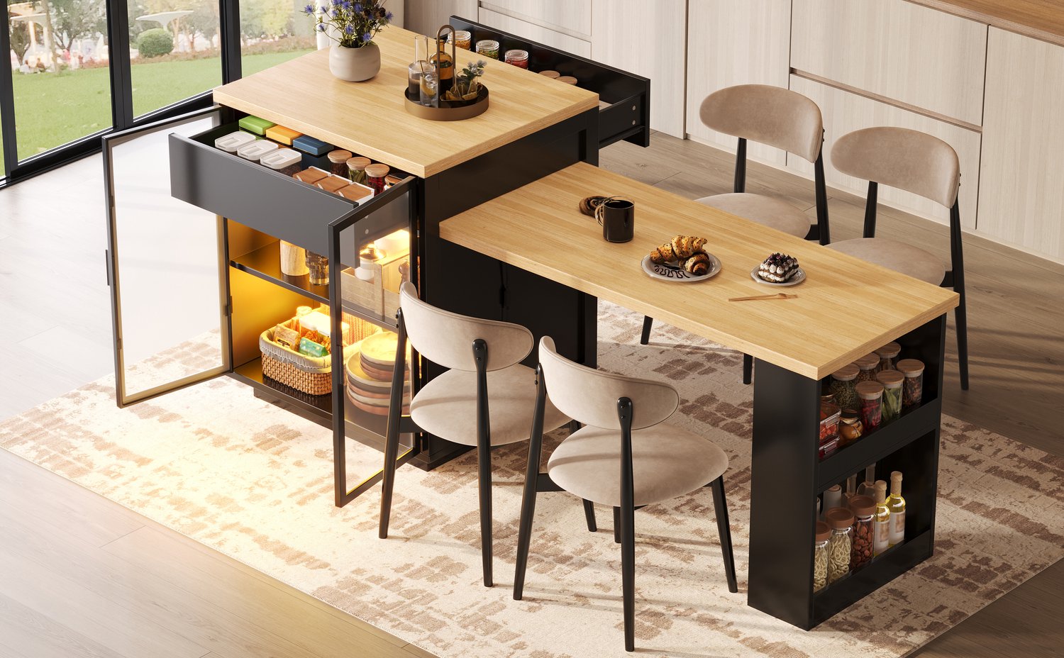 STILVORA Eettafel - Uitschuifbaar Keukeneiland Met Opbergruimte En Verlichting - Voor Keuken En Eetkamer - Mdf En Metaal - Zwart - 122 Tot 194,5 Cm