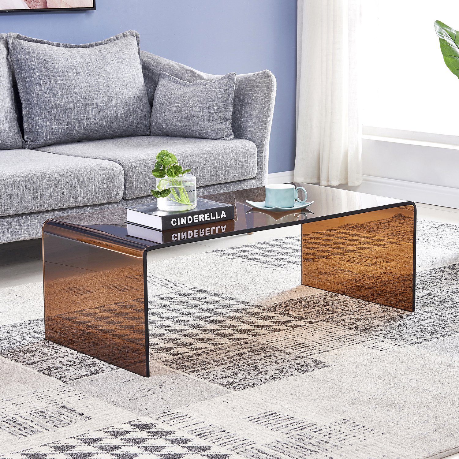 HAUSS SPOLE Salontafel - Gebogen Gehard Glas - Voor Koffie En Decoratie In De Woonkamer - Waterbestendig - Bruin - 100x50x35 Cm