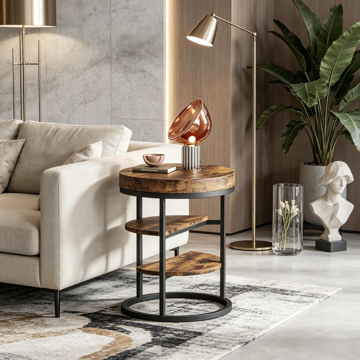 OKWISH Bijzettafel - Rond met Drie Niveaus - Open Opbergruimte voor Woonkamer en Slaapkamer - Hout en Zwart Metaal - 50 x 50 x 65 cm Rustiek bruin