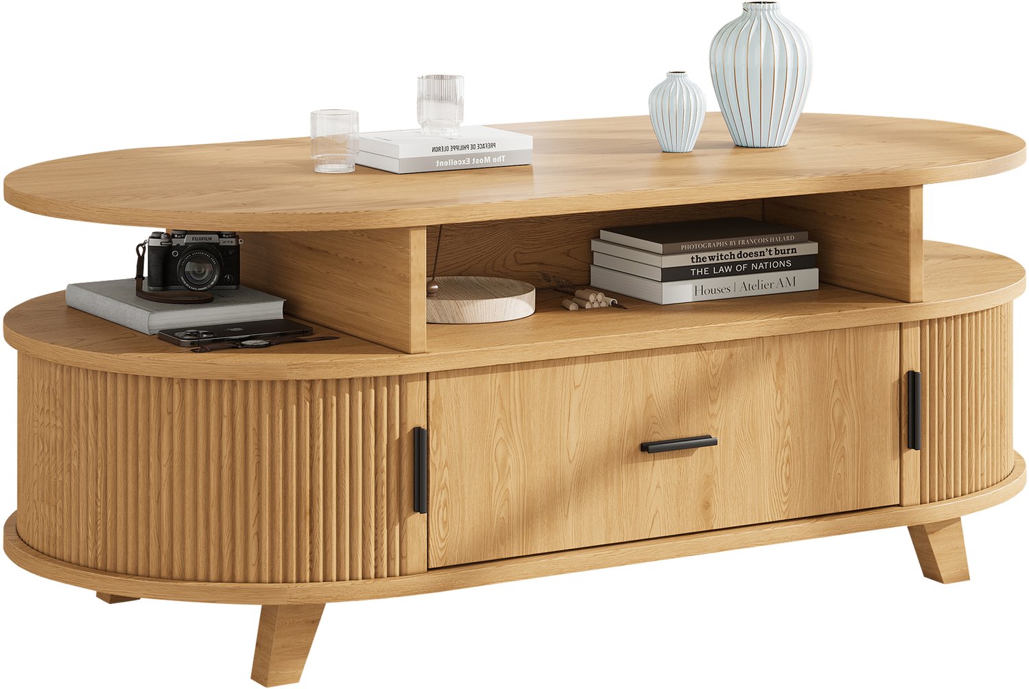 REDOM Ovale salontafel 100x50x40 cm - 1 lade, 2 rolluikdeuren en open vakken - Naturel Naturel houtkleur