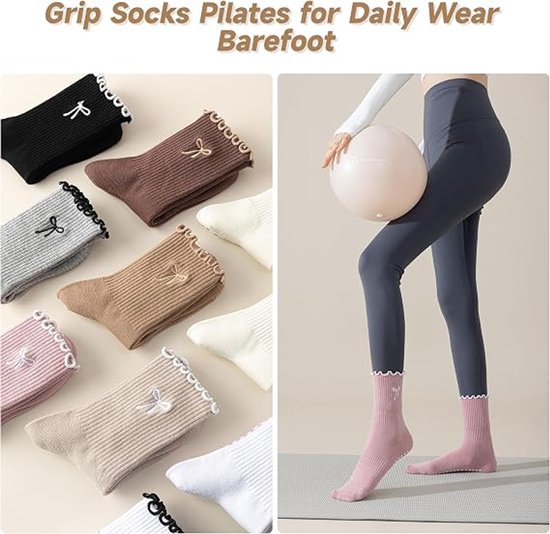 Pilates Sokken Antislip Dames - 4 Paar - Yoga Sokken Hoog- Pilates sokken - Gripsokken voor Yoga / Pilates / Ballet - Sportsokken -Antislip Katoenen Sokken - Antislip enkelsokken - One Size - Sokken Dames met ruche - dichte tenen - voor Ballet, Dans — afbeelding 4