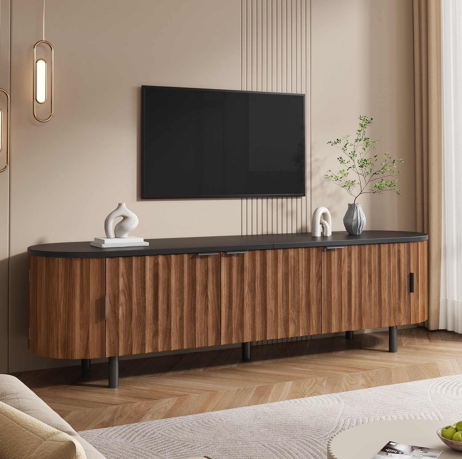 HAUSS SPOLE Tv-Meubel - Vijf Deuren Met Geribbelde Fronten - Afgeronde Zijkanten Voor De Woonkamer - Mdf En IJzer - Walnootkleur - 170x40x47 Cm