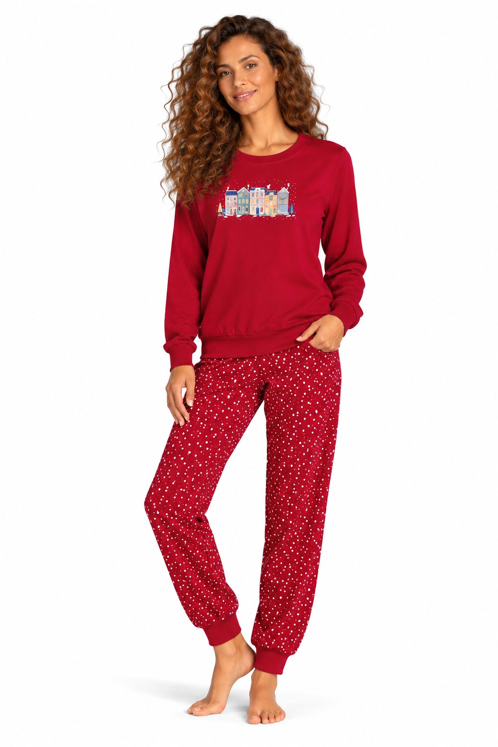 Comtessa Dames pyjama katoen - Rood - Huisjes