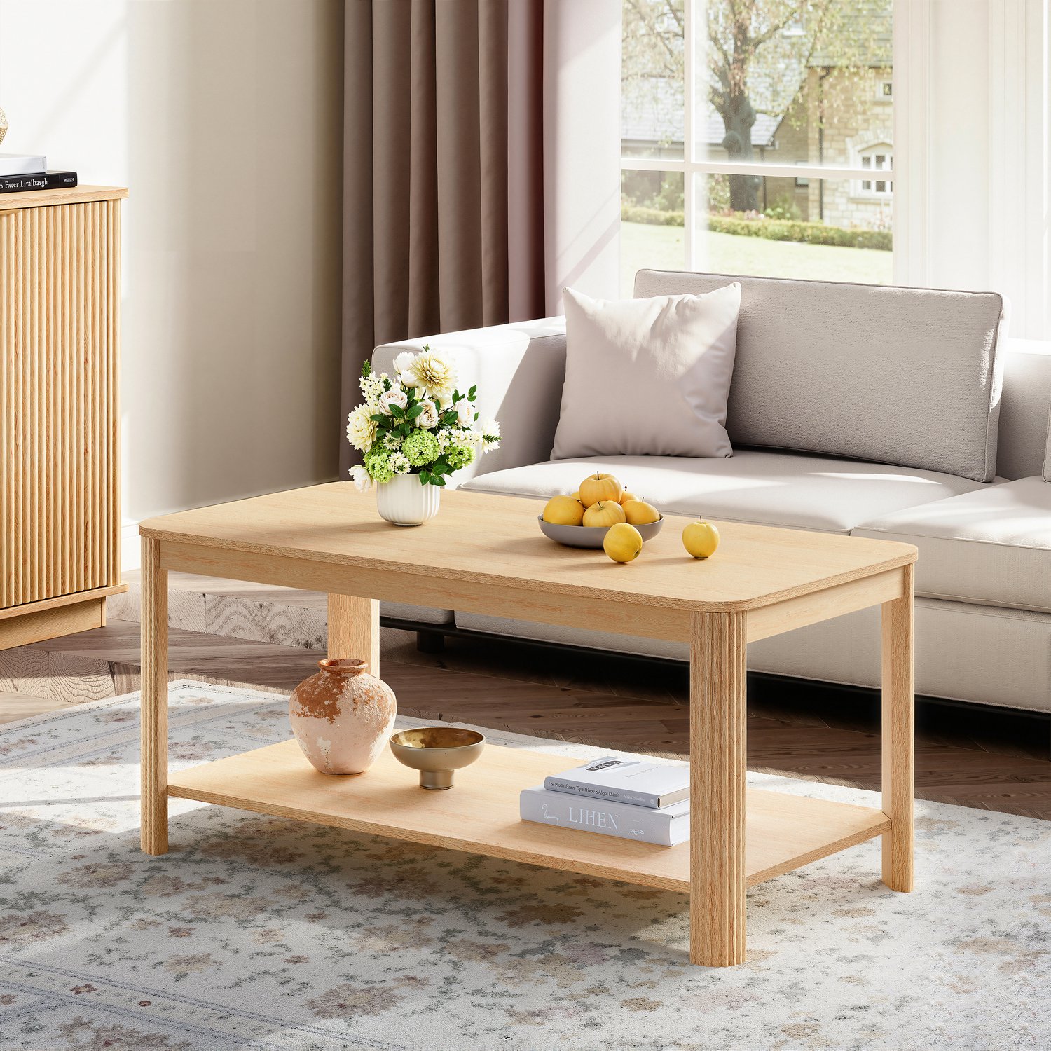HAUSS SPOLE Salontafel - Twee Open Opbergniveaus Met Afgeronde Hoeken - Voor de Woonkamer - Spaanplaat - Naturel - 100 x 50 x 45 cm Naturel houtkleur