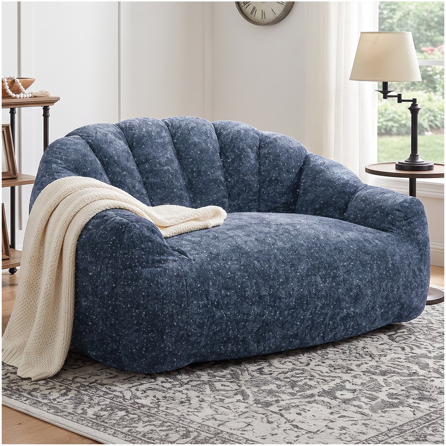 MEUNIQ Blauwe zitzak met rugleuning en armleuningen, ruime zitplaats en flanelachtige bekleding, voor woonkamer, slaapkamer of zithoek