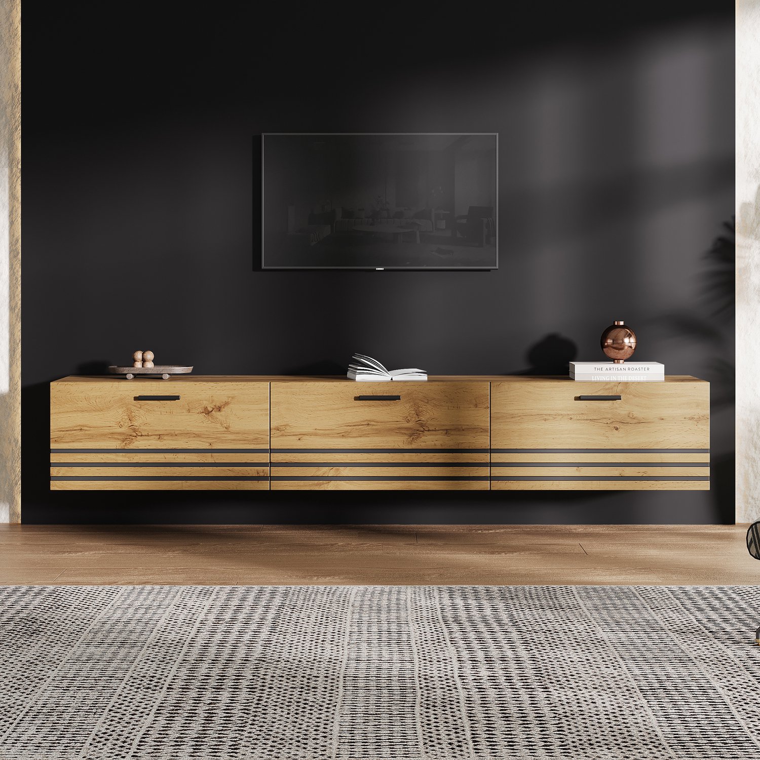 OKWISH Tv-Meubel - Zwevend met 3 Laden - Voor Woonkamer en Tv's tot 65 Inch - MDF en Spaanplaat in Naturel Houtkleur - 160 x 30 x 25,5 cm Naturel houtkleur met zwarte accenten